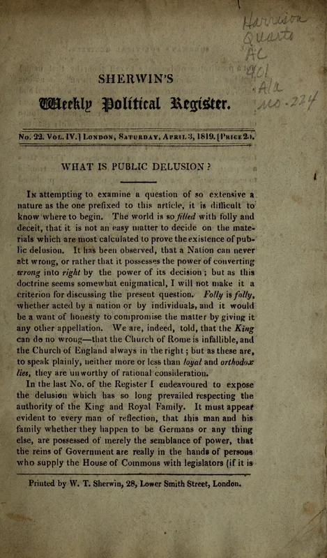 The first number of Sherwin's Weekly Political Register (1817), the paper Carlile took over with Sherwin's shop.