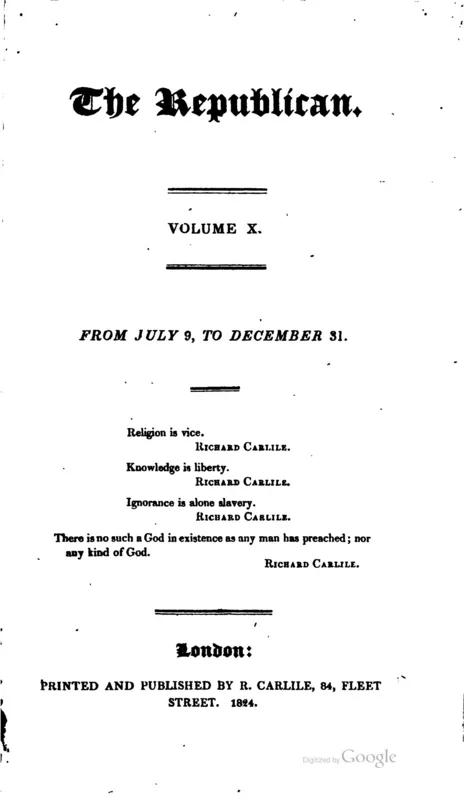 The title page of The Republican, volume X (1824), which carried his conclusion that "there is no such a God in existence as any man has preached."