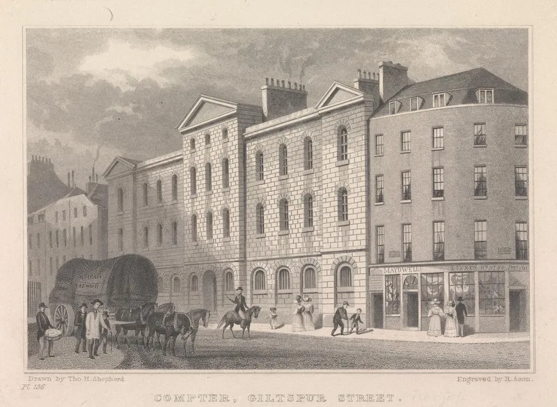 The Giltspur Street Compter, drawn by Robert Acon about 1830, where Carlile served his sentence of 1831–33.