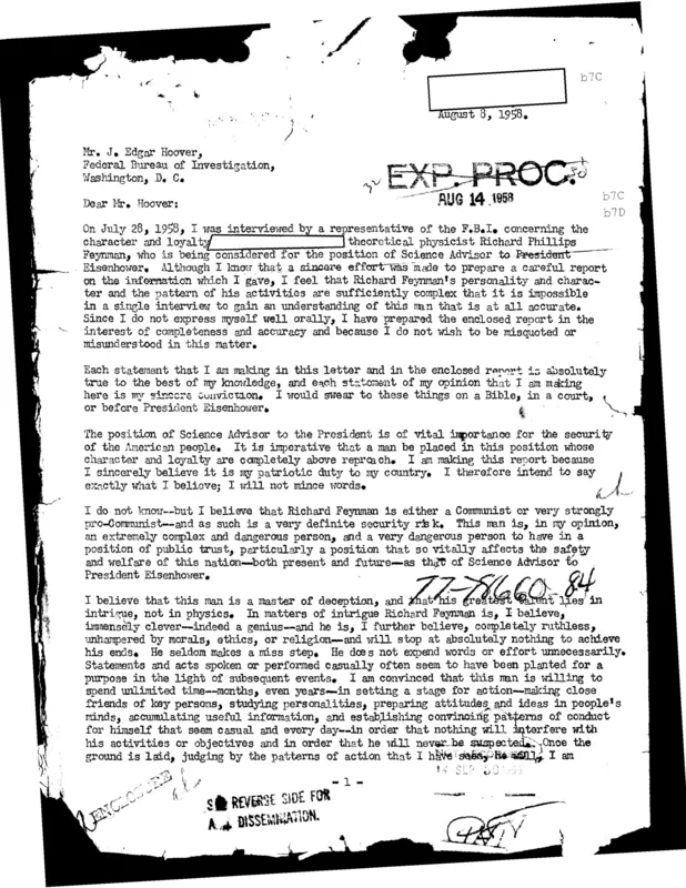 The first page of the anonymous informant's letter to J. Edgar Hoover, 8 August 1958, from Feynman's FBI file.