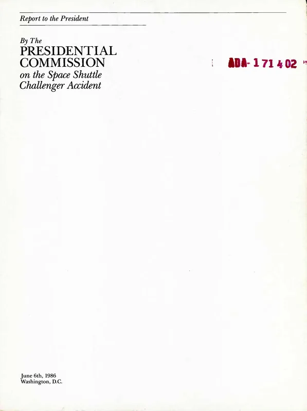 The title page of the report of the Presidential Commission on the Space Shuttle Challenger Accident, 1986.