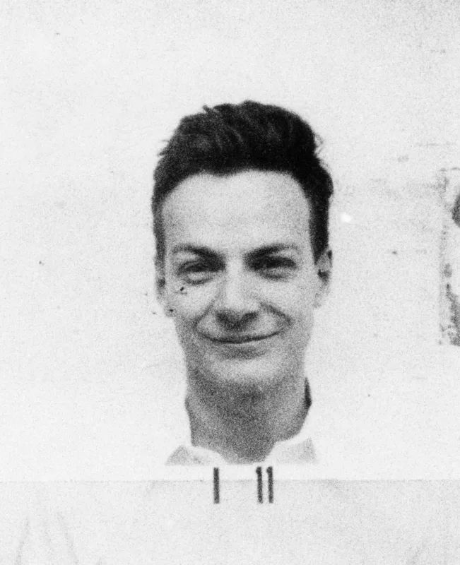 Feynman's identity-badge photograph from Los Alamos, where he worked from 1943 to 1946.