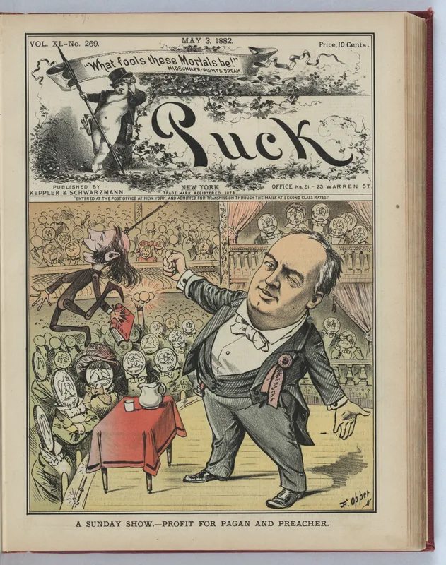Puck's cover of 3 May 1882, by Frederick Opper: "A Sunday show — profit for pagan and preacher."