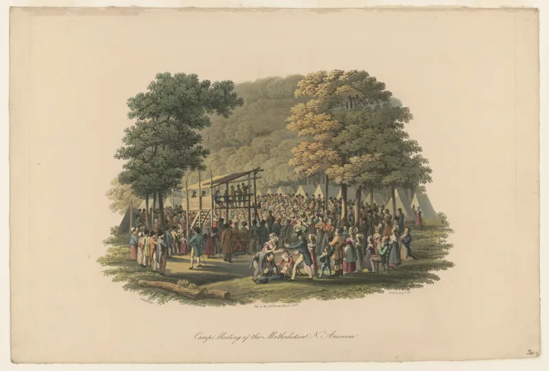 A Methodist camp meeting, drawn by Jacques Milbert about 1819: the kind of gathering in which the revival preaching of Ingersoll's childhood was heard.