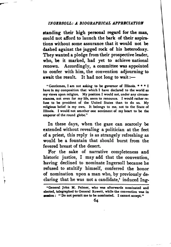 The page of Kittredge's biography that records Ingersoll's reply to the convention committee in 1868.