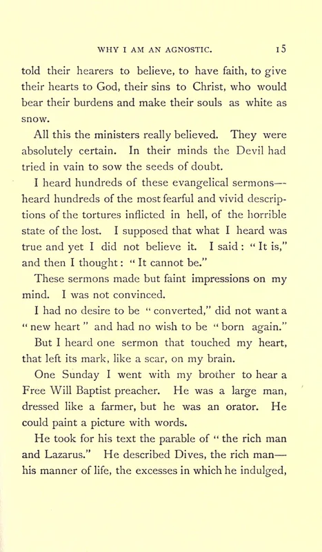The page of "Why I Am an Agnostic" (1896) on which Ingersoll describes the sermon that left its mark "like a scar."