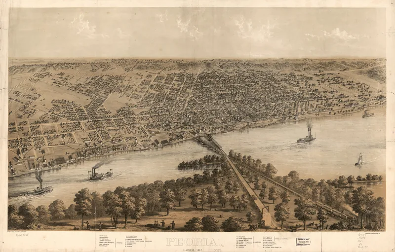 Peoria, Illinois, in a bird's-eye view of 1867. Ingersoll practised law here from 1857 and lived in the town for twenty years.