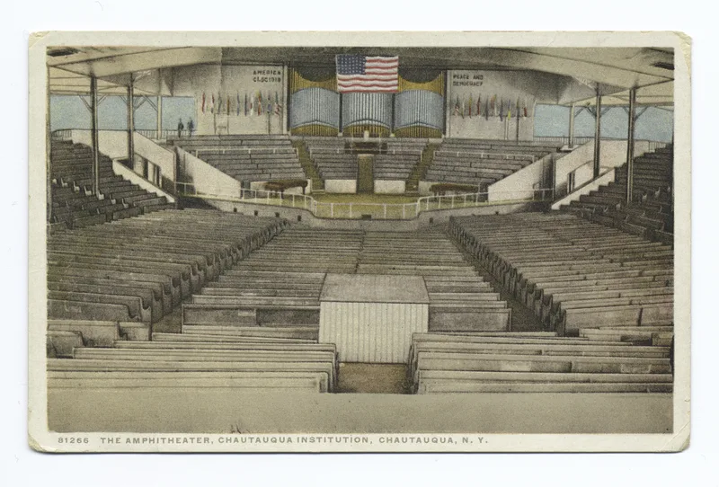 The Amphitheater at the Chautauqua Institution, on an early twentieth-century postcard. The photograph shows the place only.