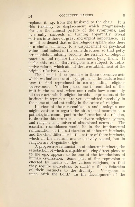 Page 34 of Freud's Collected Papers, vol. II (1924): religion as "a universal obsessional neurosis."
