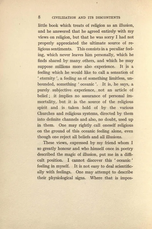 Page 8 of Civilization and Its Discontents (1930), where Freud reports the "oceanic" feeling.