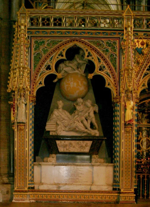 Isaac Newton's monument in Westminster Abbey, near which Hawking's ashes lie.