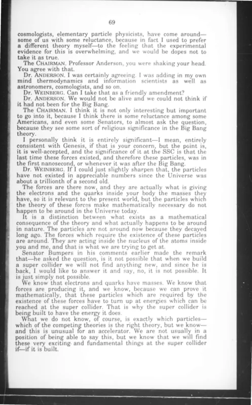 Page 69 of the 1993 hearing, where Weinberg says he "used to prefer a different theory" and the chairman raises Genesis.