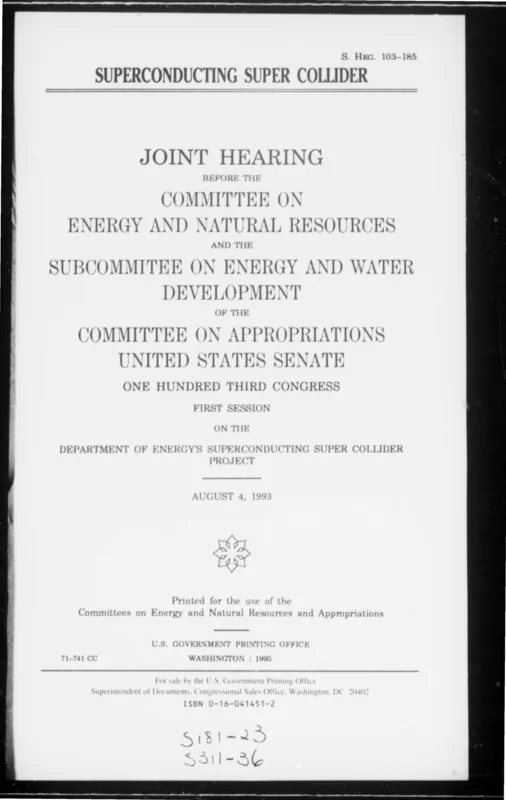 The title page of the Senate hearing of 4 August 1993 on the Superconducting Super Collider.