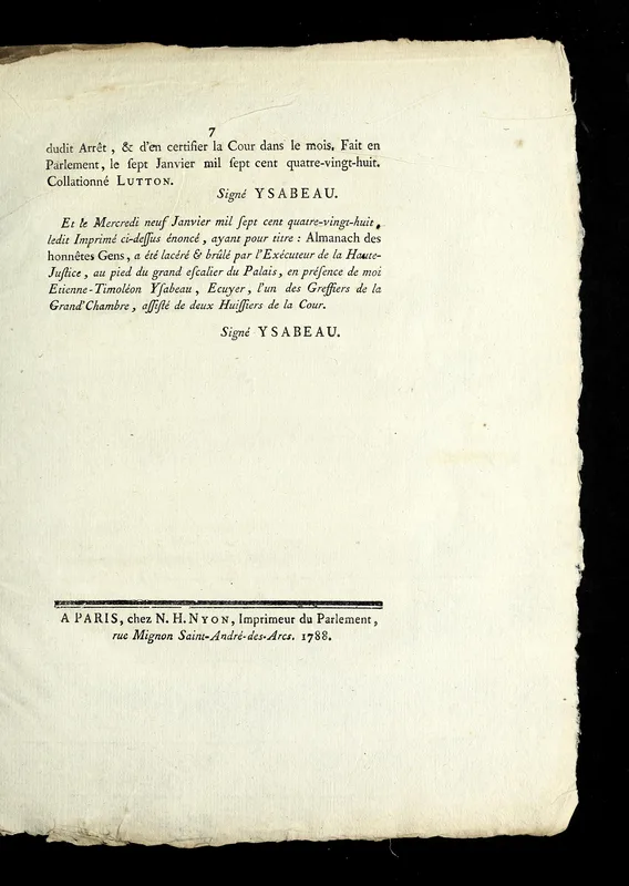 Page 7 of the arrêt: the clerk's record that the Almanach was torn and burned on 9 January 1788.