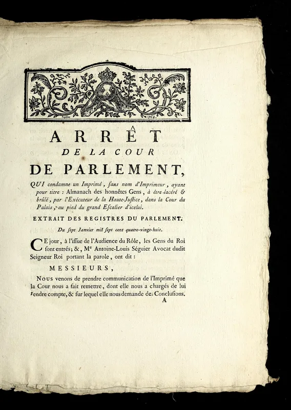 The arrêt of the Parlement condemning the Almanach des honnêtes gens, 7 January 1788.