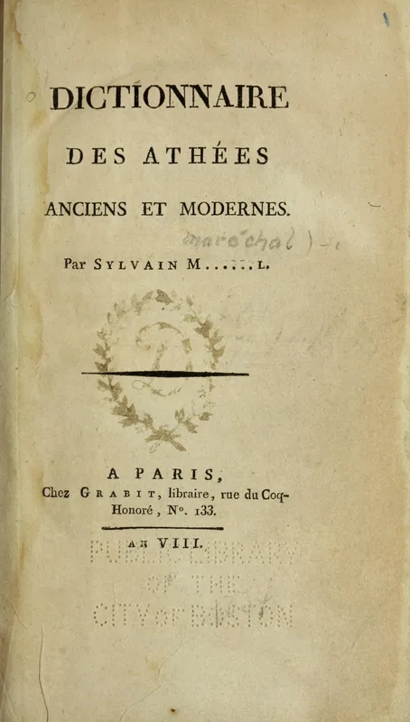The title page of the Dictionnaire des athées anciens et modernes, Paris, 1800.