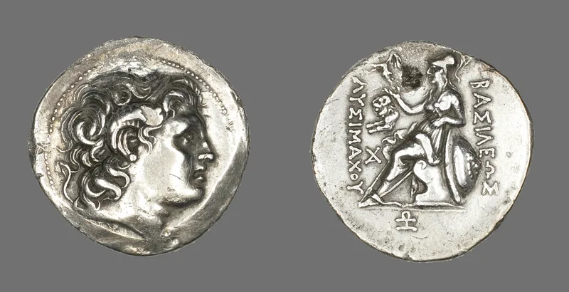 A silver coin of Lysimachus, struck between 297 and 281 BCE. The head is the deified Alexander, not Lysimachus himself.