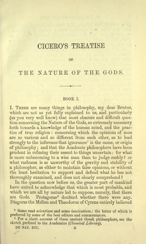Cicero's On the Nature of the Gods in C. D. Yonge's translation, 1853. On its first page Cicero names Theodorus among those who believed there were no gods.