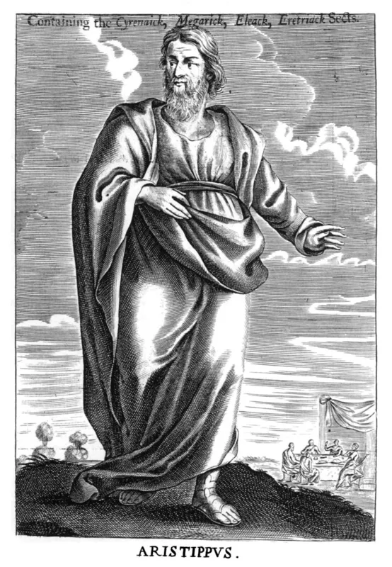 Aristippus of Cyrene, founder of the Cyrenaic school, in an imagined portrait engraved for Thomas Stanley's History of Philosophy, 1655. No likeness of Theodorus exists.