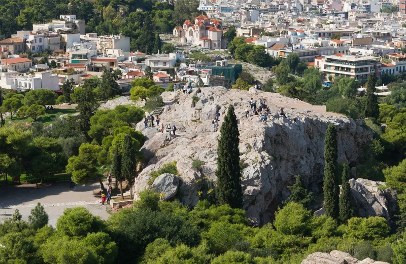 The Areopagus, the hill of the ancient Athenian council, photographed from the Acropolis.