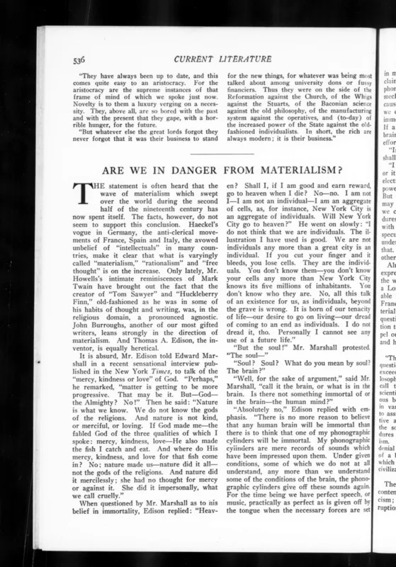 Current Literature, November 1910: "Are We in Danger from Materialism?"