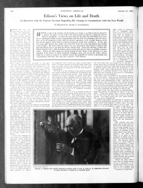 Scientific American, 30 October 1920: "Edison's Views on Life and Death".