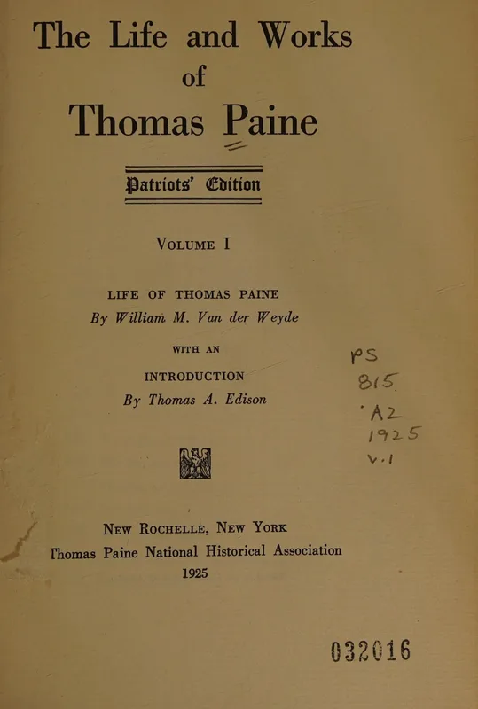 The title page of The Life and Works of Thomas Paine, 1925, "with an Introduction by Thomas A. Edison".