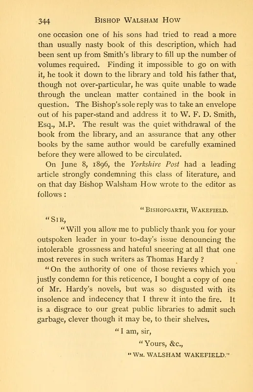 The page of How's memoir (1898) that prints the Bishop of Wakefield's letter: "I threw it into the fire."