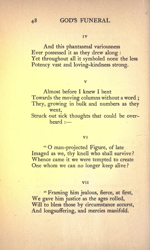 The page of Satires of Circumstance (1914) with stanza VI of "God's Funeral": "O man-projected Figure."