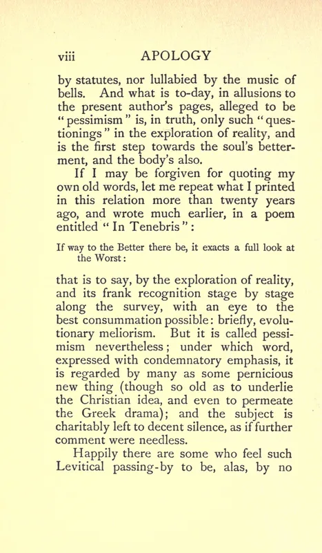 The page of the "Apology" to Late Lyrics and Earlier (1922) where Hardy names his outlook "evolutionary meliorism."