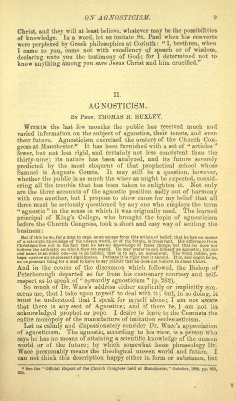 The opening page of Huxley's essay "Agnosticism" (1889), reprinted in Christianity and Agnosticism: A Controversy.