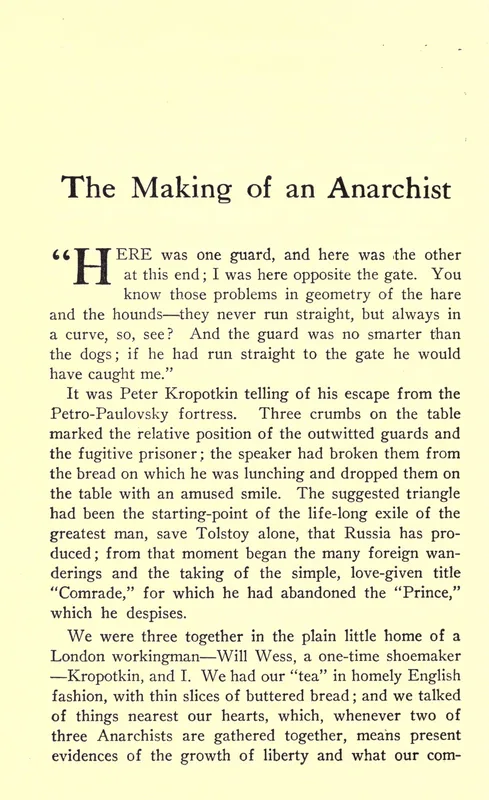 The opening page of "The Making of an Anarchist" in her Selected Works (1914).