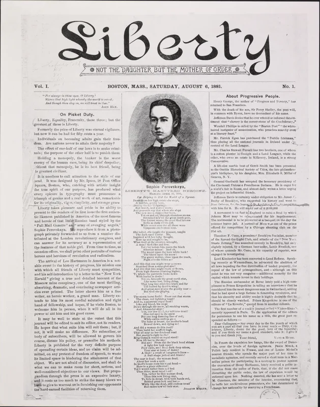 An issue of Benjamin Tucker's Liberty with its motto, "Not the daughter but the mother of order."