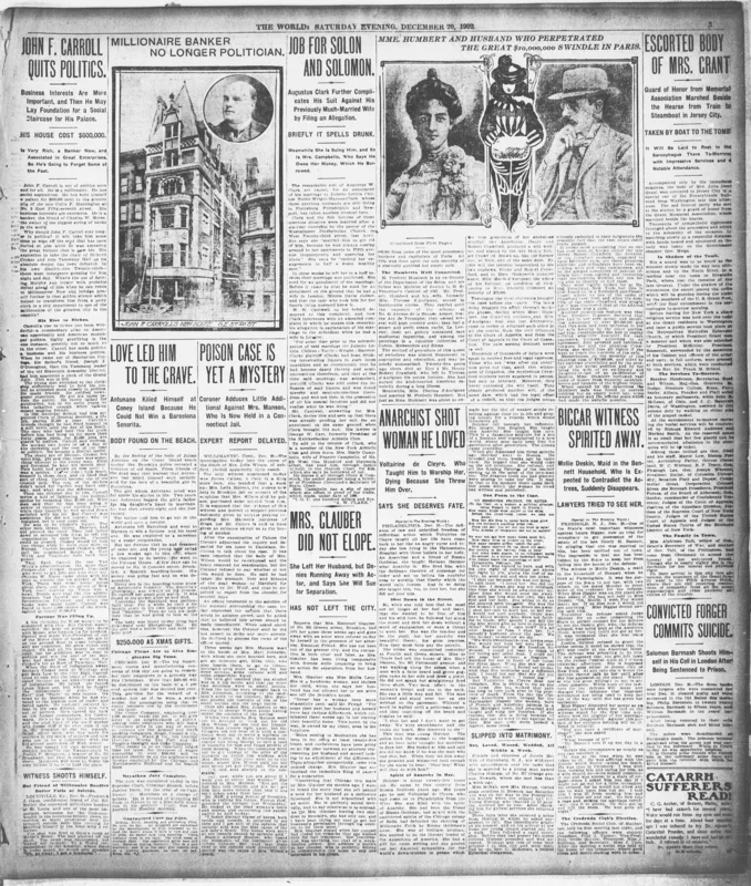 The New York Evening World of 20 December 1902, reporting the shooting.