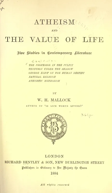The title page of W. H. Mallock's Atheism and the Value of Life (1884).
