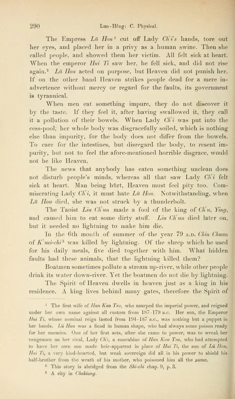 Forke's translation, p. 290: Chin Chuan of Kuaiji, killed by lightning in 79.