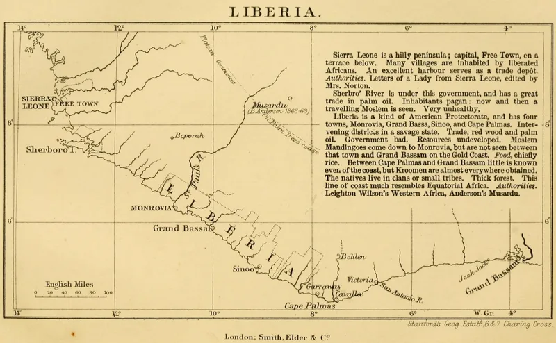 Liberia and Sierra Leone, the map in The African Sketch-Book (1873).