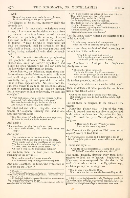 Clement of Alexandria, Stromata, in the Ante-Nicene Fathers (1885), p. 470: "Xenophanes of Colophon, teaching that God is one."