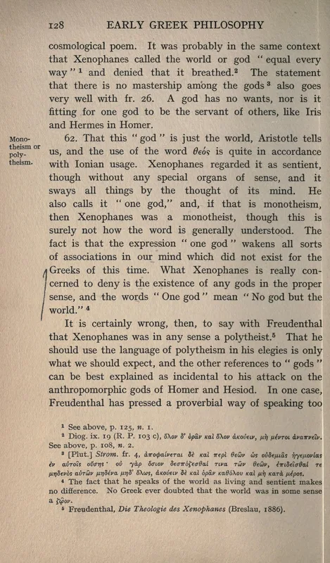 Burnet, p. 128: "'One god' mean 'No god but the world'."