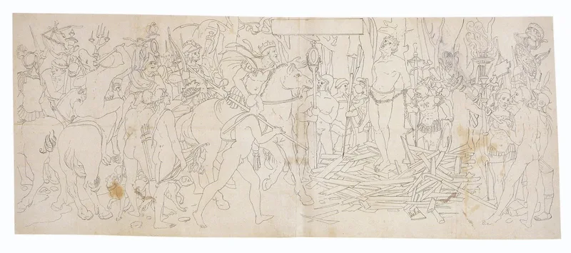 Croesus on the pyre, an engraving after Holbein: the fall of Lydia to Cyrus in 546 BCE.