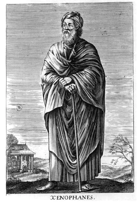 An imagined portrait of Xenophanes, from Thomas Stanley's History of Philosophy (1655). No likeness of him survives.