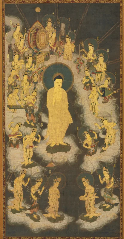 Amida Buddha descending to welcome the dying into the Pure Land paradise of the west, a Japanese painting of about 1300–1333.