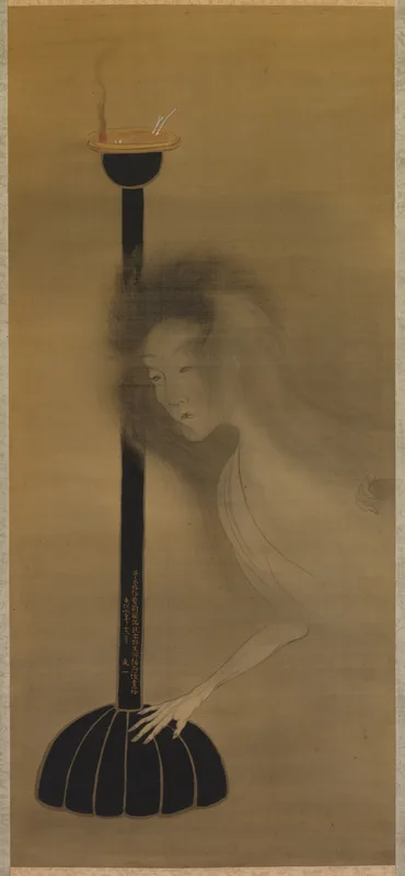 A ghost beside an oil lamp, painted by Tani Bun'ichi in 1810, while Bantō was writing his chapters against spirits.
