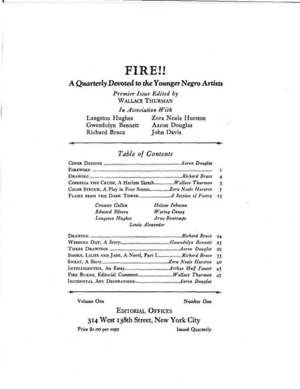 The title page of Fire!!, November 1926, which printed Hurston's "Sweat."