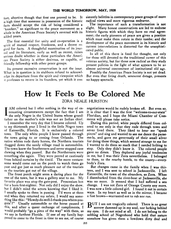 The opening page of "How It Feels to Be Colored Me," Hurston's essay in The World Tomorrow, May 1928.