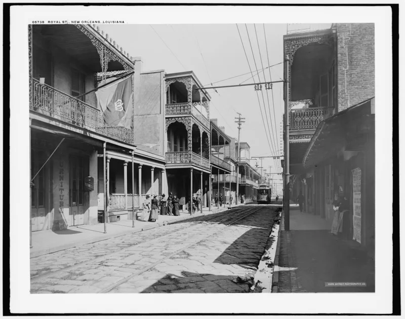 Royal Street, New Orleans, about 1890–1900. Hurston studied hoodoo in the city in 1928.